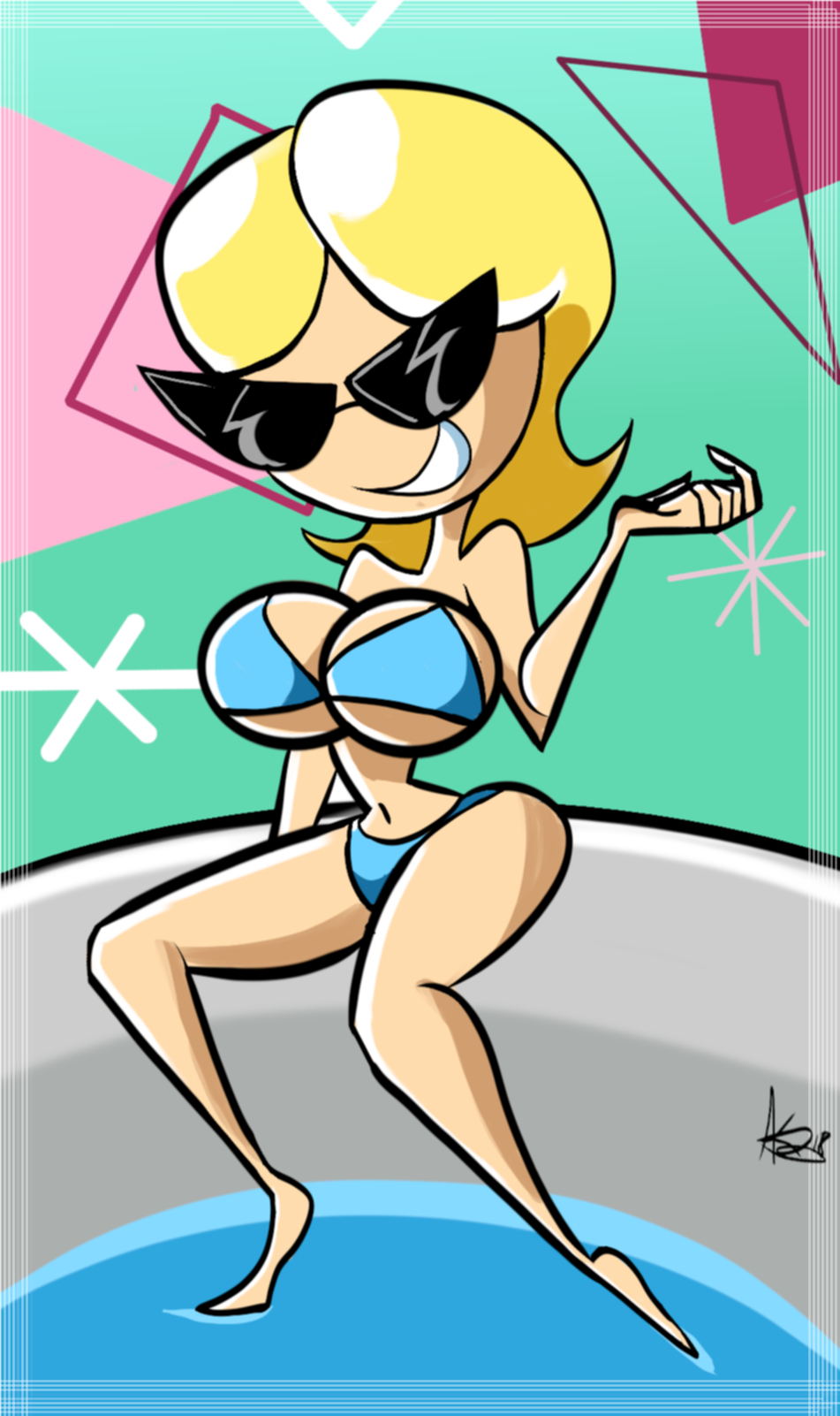 1girl 1girl big_breasts blonde_hair breasts disney knick_knack navel pixar pool solo_female sunglasses sunny_miami tagme