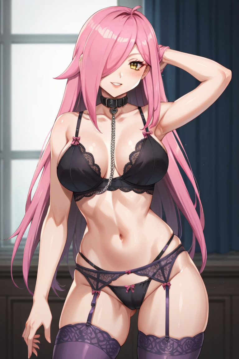 1girl ai_generated bed big_breasts bra cleavage lingerie long_hair nenefthivt on_bed panties pink_hair solo tagme underwear vtuber yellow_eyes