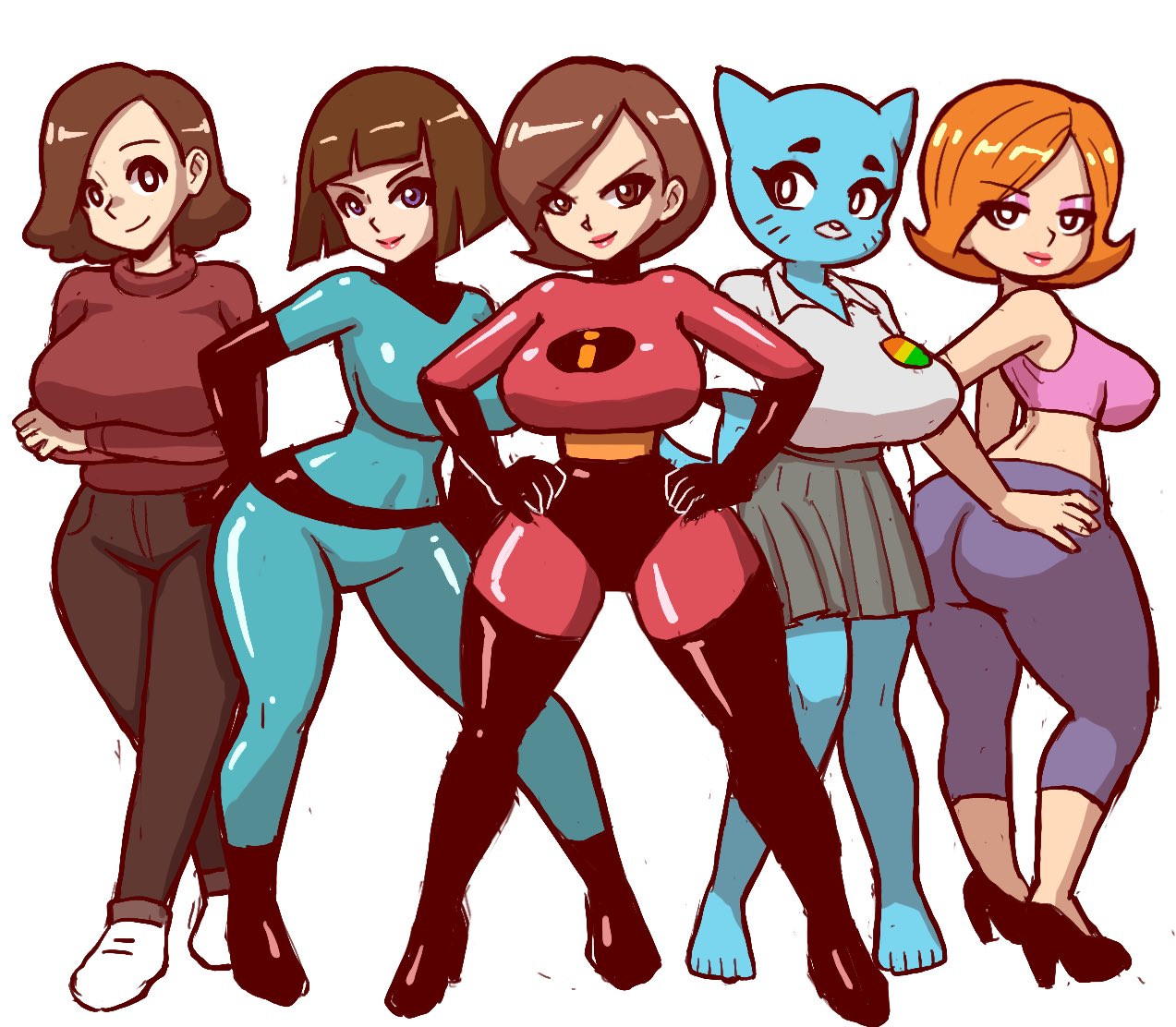 1girl 5girls ass black_hair brown_hair cartoon_network cat_ears cat_tail catgirl clothed clothed_female crossover danny_phantom debbie_turnbull disney female_only furry furry_female helen_parr hilda_(series) johanna_(hilda) madeline_fenton milf milf mossyfroot multiple_females multiple_girls nicole_watterson orange_hair pixar robotboy short_hair sweater the_amazing_world_of_gumball the_incredibles thick_ass yoga_pants