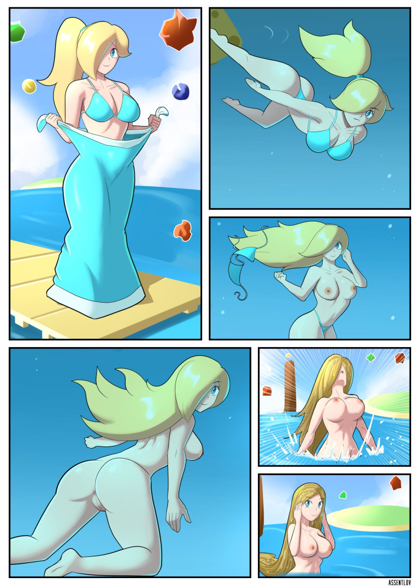 1girl alternate_hairstyle anus ass assentlov barefoot big_breasts bikini bikini_bottom bikini_bottom_only bikini_top_removed blonde_hair blue_bikini blue_swimsuit breasts cleavage comic dock dress emerging feet female freediving long_hair looking_at_viewer mario_(series) navel nintendo nipples nude ocean partially_submerged ponytail princess_rosalina pussy sea skinny_dipping solo standing super_mario_galaxy swimming swimsuit tagme thong thong_bikini topless underwater undressing water wet wet_body wet_hair wet_skin