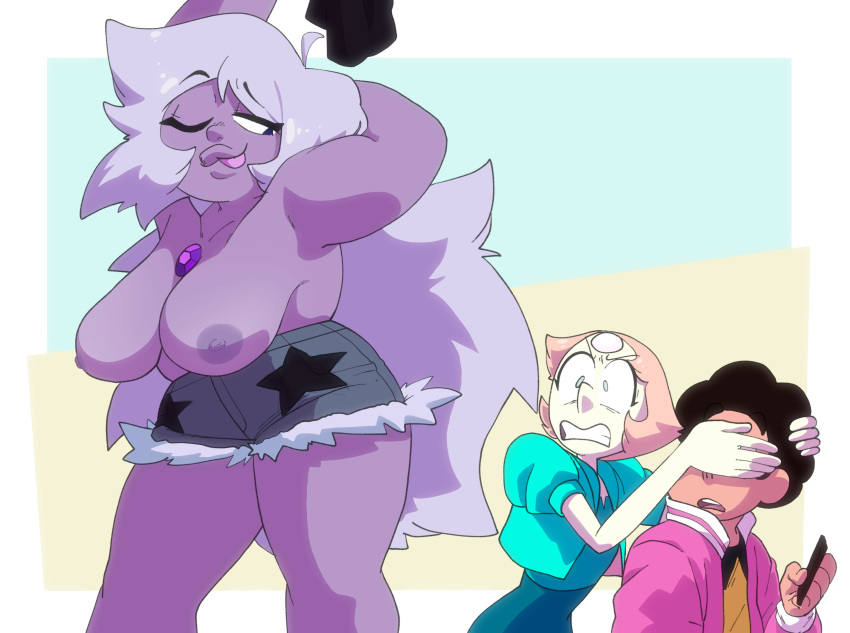 1boy 2_girls amethyst_(steven_universe) big_breasts cellphone chubby covering_eyes dark_nipples gem_(species) hanging_breasts huge_breasts inker_comics inkershike lavender_hair long_hair no_shirt one_eye_closed pearl_(steven_universe) purple_skin short_shorts shorts shortstack steven_quartz_universe steven_universe teasing thick_lips thick_thighs tongue_out topless