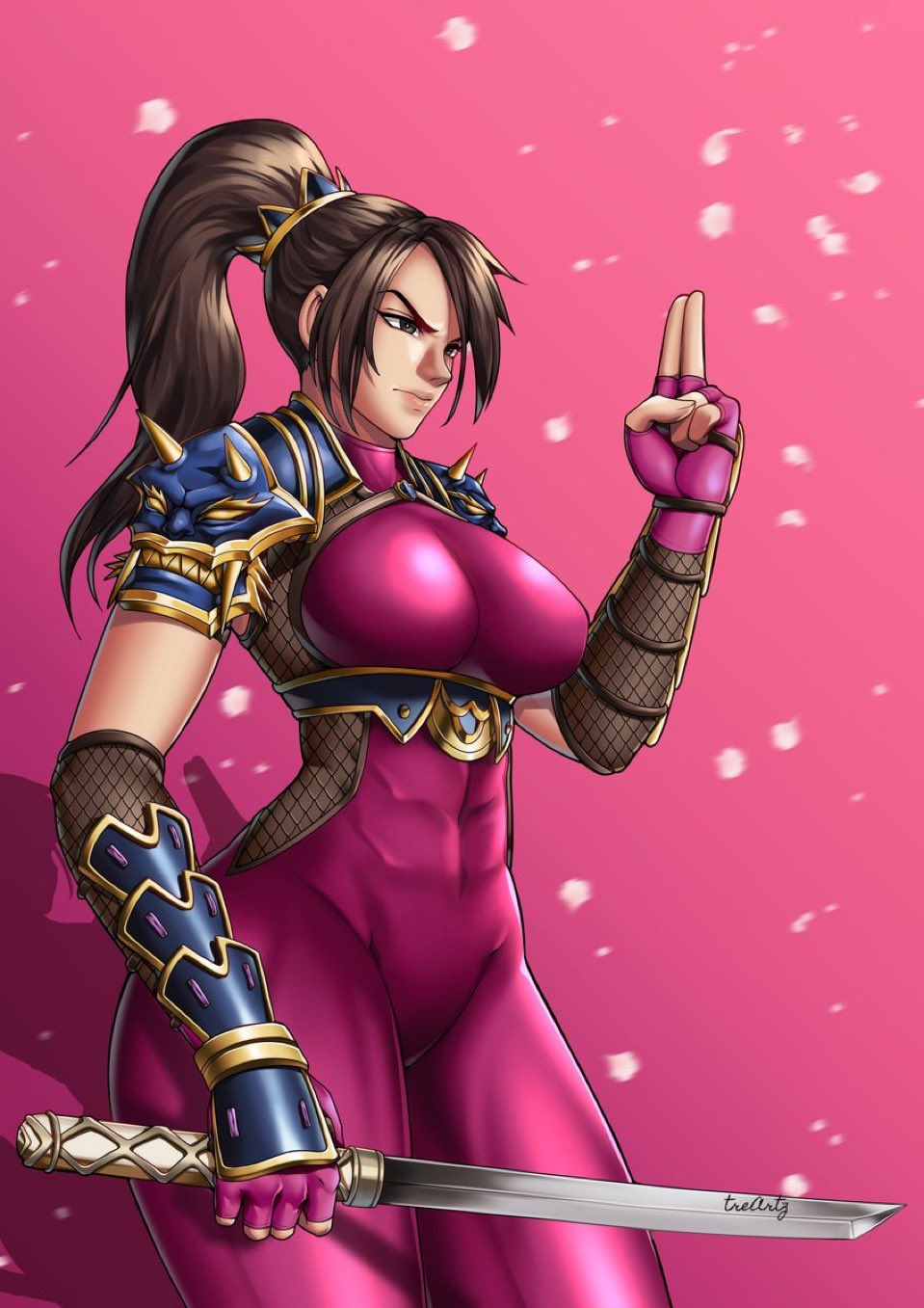 1girl 1girl 1girl abs alluring armor athletic_female big_breasts blue_clothing brown_hair covered_female_abs female_abs fit_female katana pink_clothing ponytail project_soul skin_tight skin_tight solo_female soul_calibur soul_calibur_ii soul_calibur_iii soul_calibur_vi sword taki thotlerrr toned toned_body toned_female toned_stomach treartz weapon