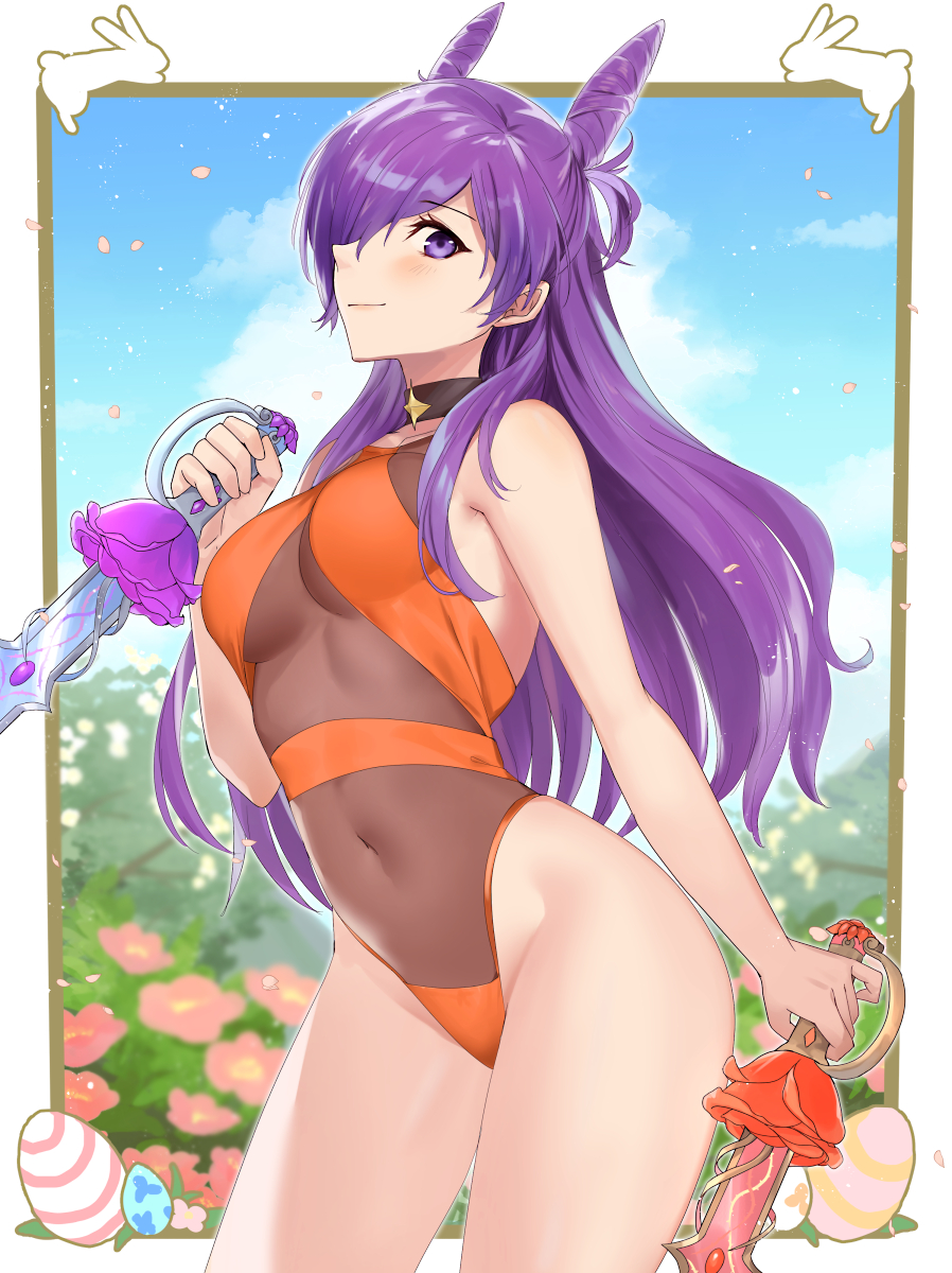 1girl 1girl 1girl alluring alternate_costume bare_legs bare_shoulders big_breasts blush bunny_ears bunny_girl bunnysuit choker cleavage closed_mouth covered_navel female_only fire_emblem fire_emblem:_three_houses fire_emblem_warriors:_three_hopes hair_bun hair_over_one_eye haru_(nakajou-28) high_res leotard long_hair looking_at_viewer navel purple_eyes purple_hair shez_(fire_emblem) shez_(fire_emblem)_(female) single_hair_bun smile under_boob