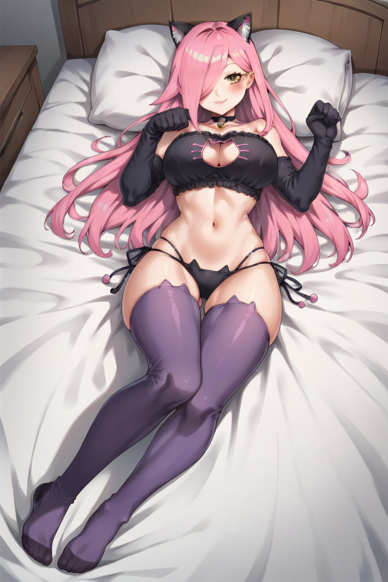 1girl ai_generated bed big_breasts bra cleavage lingerie long_hair nenefthivt on_bed panties pink_hair solo tagme underwear vtuber yellow_eyes