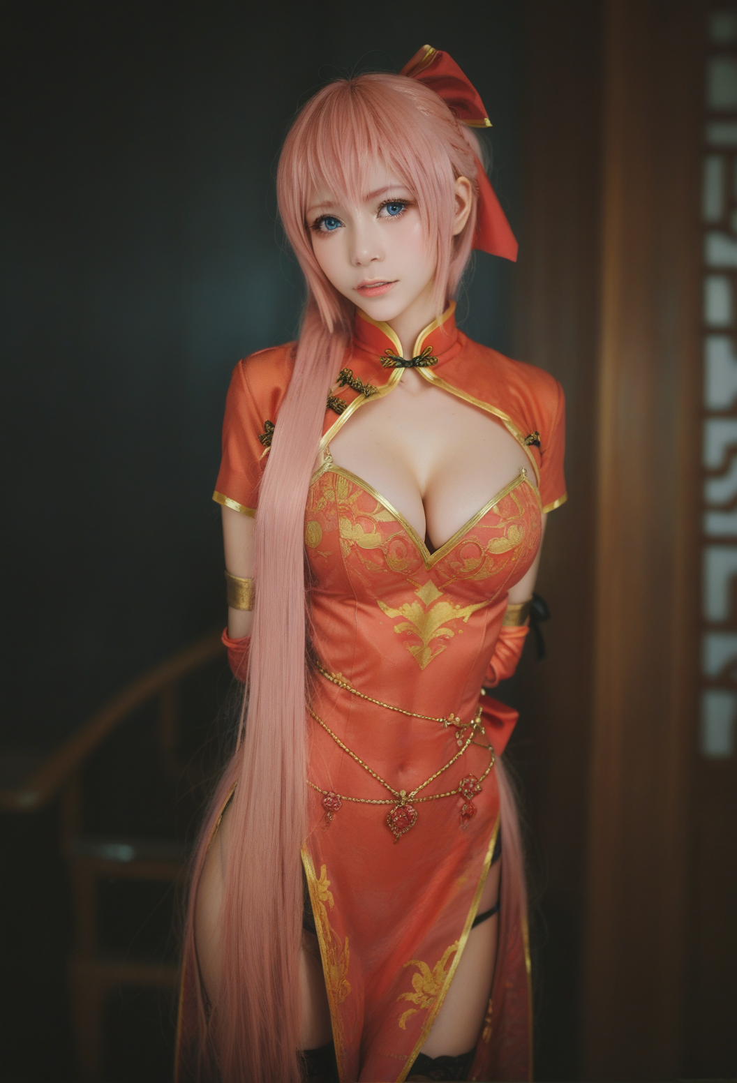 1girl ai_generated big_breasts chinese_clothes chinese_dress cleavage_cutout hair_ornament hands_behind_back indoors looking_at_viewer megurine_luka navel pink_hair realistic solo_focus thighs very_long_hair vocaloid