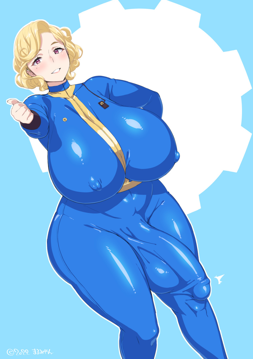 1futa 2022 areola balls big_breasts big_penis blonde_hair bodysuit breasts bulge bulge_down_leg bulge_through_clothing clothed clothing curly_hair curvy fallout flaccid full_body fully_clothed futa_only futanari higher_resolution_duplicate huge_balls huge_breasts huge_cock human intersex jumpsuit light-skinned_futanari light_skin looking_at_viewer mature_futa nipple_bulge nipples pale-skinned_futanari pale_skin penis penis_outline short_hair solo_futa standing thick_thighs thumbs_up uno_makoto vault_girl vault_suit venus_body wide_hips