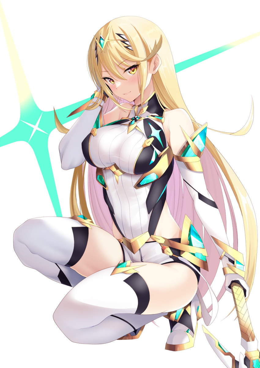 1girl 1girl adapted_costume aegis_sword_(xenoblade) alluring big_breasts blonde_hair chest_jewel daive earrings elbow_gloves gloves high_res jewelry long_hair mythra short_shorts shorts stockings swept_bangs sword tiara very_long_hair weapon white_gloves xenoblade_(series) xenoblade_chronicles_2 yellow_eyes