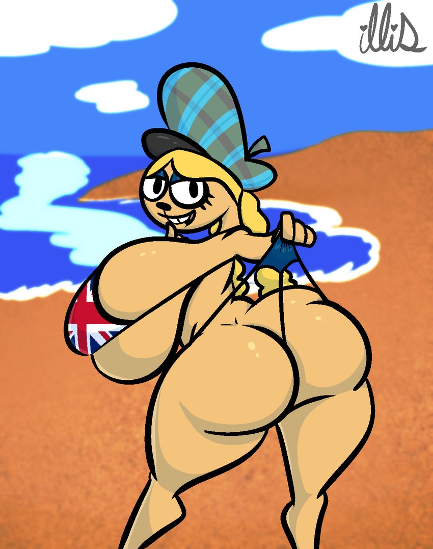 1girl 1girl anthro ass beach big_breasts bikini bikini_thong bikini_top blonde_hair breasts canid canine canis cartoon_network clothing domestic_dog eurotrish foster's_home_for_imaginary_friends hair high_res huge_breasts illis looking_at_viewer looking_back mammal pulling_panties sand sea seaside side_boob swimwear thick_thighs tight_clothing tight_topwear topwear water