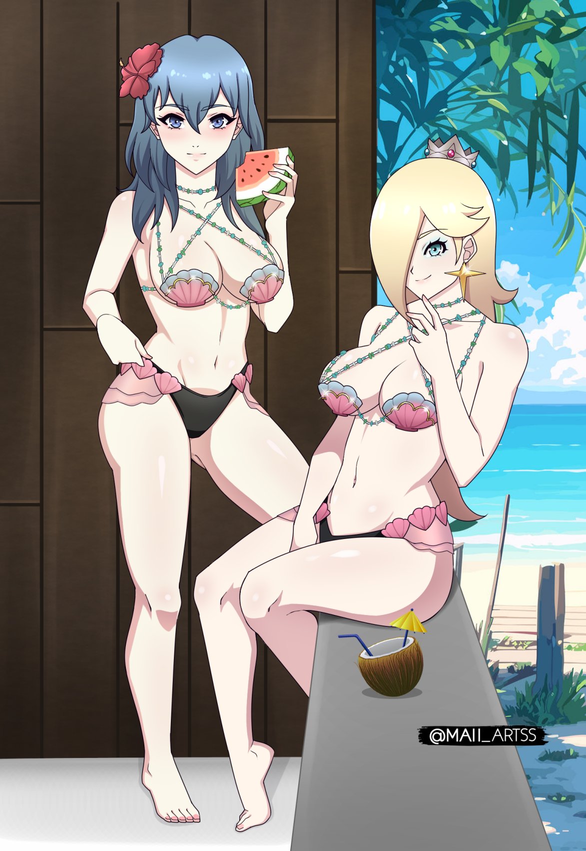 1girl 2_girls alluring alternate_costume big_breasts bikini blonde_hair blue_eyes byleth_(fire_emblem) byleth_(fire_emblem)_(female) cosplay crossover female_only fire_emblem fire_emblem:_three_houses fire_emblem_cipher maii_artss nintendo princess_rosalina rosalina shell_bikini super_mario_bros. swimsuit teal_hair