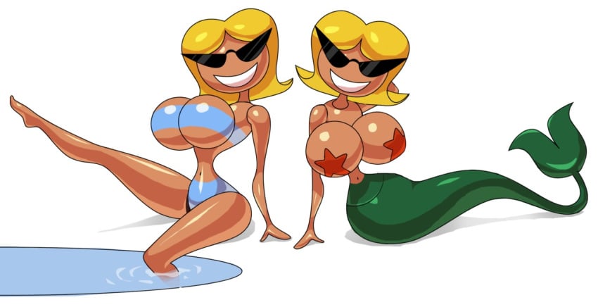 1girl 2_girls big_breasts bikini blonde_hair disney green_tail grin knick_knack large_hips mermaid mermaid_tail noonun pasties pixar pool short_hair starfish starfish_pasties sunglasses sunny_atlantis sunny_miami thin_waist under_boob water wide_hips