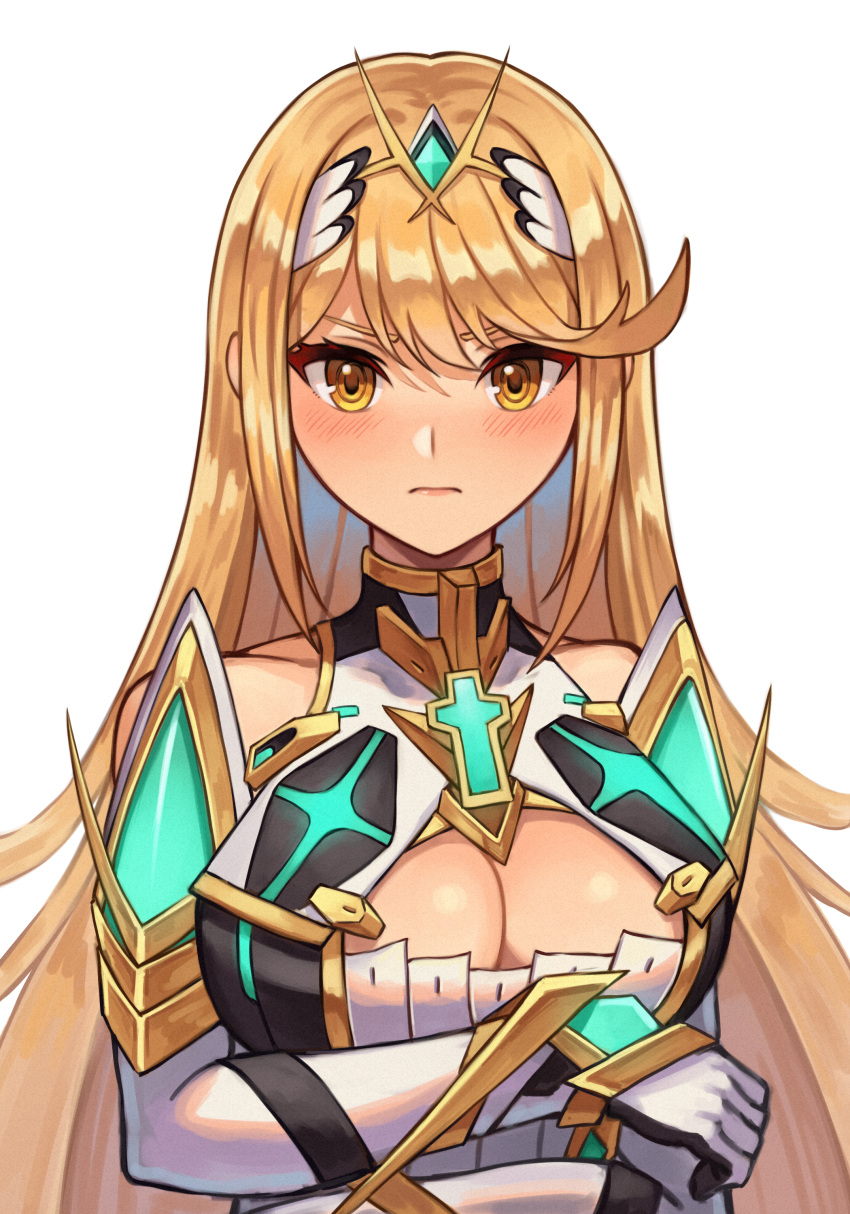 1girl 20060715 absurd_res alluring bare_shoulders big_breasts blonde_hair blush chest_jewel cleavage cleavage_cutout closed_mouth clothing_cutout dress elbow_gloves gloves high_res long_hair looking_at_viewer mythra upper_body white_dress white_gloves xenoblade_(series) xenoblade_chronicles_2 yellow_eyes