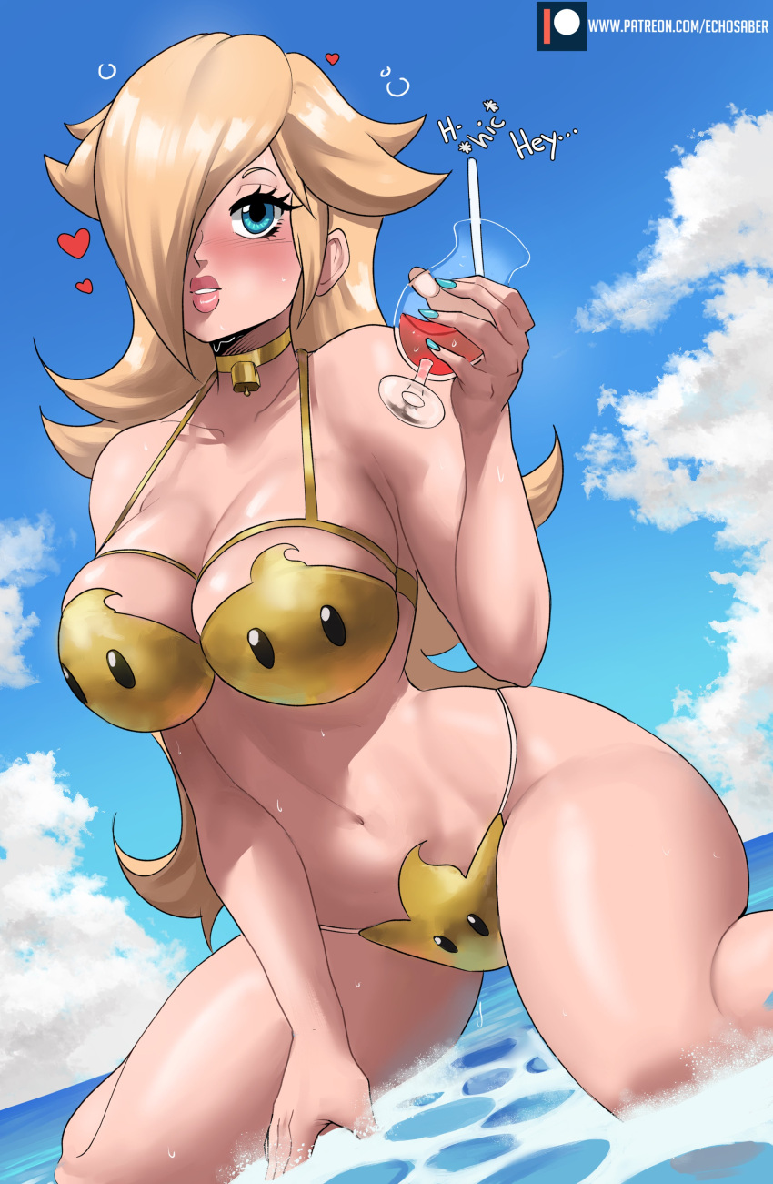 1girl 2022 absurd_res alluring bare_arms bare_legs bare_shoulders beach big_breasts bikini blonde_hair blue_eyes cleavage drunk echo_saber english_text feet_out_of_frame g-string hair_over_one_eye hiccup high_res kneel long_hair luma_(mario) mario_(series) midriff narrow_waist navel nintendo ocean outside princess_rosalina star-shaped_bikini string_bikini super_mario_bros. swimsuit thick_thighs thighs thong thong_bikini water wide_hips