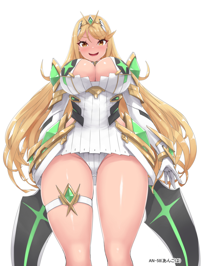 1girl alluring angoha big_breasts blonde_hair chest_jewel cleavage_cutout clothing_cutout dress headpiece high_res microdress mythra panties pantyshot swept_bangs tiara underwear white_panties xenoblade_(series) xenoblade_chronicles_2 yellow_eyes