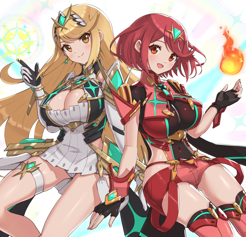 2_girls alluring bare_legs bare_shoulders big_breasts black_gloves blonde_hair chest_jewel cleavage cleavage_cutout clothing_cutout dress earrings elbow_gloves fingerless_gloves gloves gonzarez high_res jewelry long_hair multiple_girls mythra pyra red_eyes red_hair red_legwear red_shorts short_dress short_hair short_shorts shorts stockings swept_bangs thigh_strap tiara very_long_hair white_dress white_gloves xenoblade_(series) xenoblade_chronicles_2 yellow_eyes