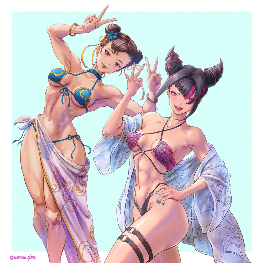 1girl 1girl 2_girls abs artist_name attractive bare_shoulders beautiful_female beautyful bikini bitch black_hair blue_eyes blush breasts chun-li collarbone commentary excited excited_for_sex exhibitionism female_pervert fingernails gif hair_horns halterneck han_juri hand_on_own_hip hand_up heterochromia high_res highleg highleg_bikini hooker lipstick looking_at_viewer makeup medium_breasts mitsu_plus multicolored_hair nail_polish navel o-ring o-ring_bikini off_shoulder open_mouth perfect perfection pervert prostitute prostitution provocating provocative purple_eyes purple_hair pussy sex_invitation sexually_suggestive signature simple_background smile sound stomach street_fighter street_fighter_6 swimsuit teeth thigh_strap thighs upper_teeth_only video