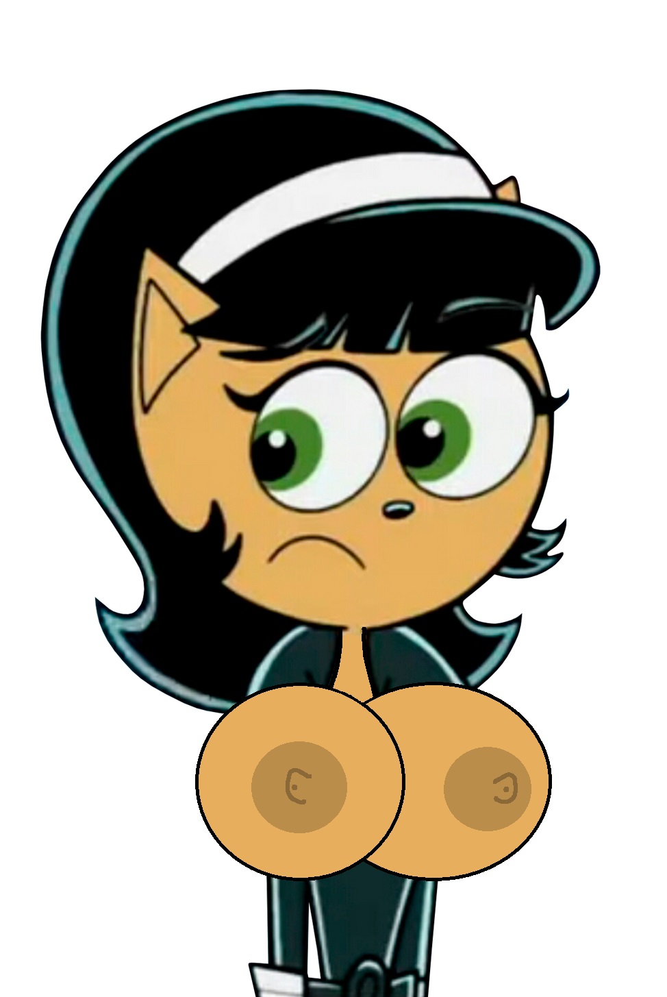 1girl big_breasts black_hair black_nose breasts closed_mouth cosplay edit eyebrows eyelashes furry green_eyes kitty_katswell nickelodeon nipples no_bra t.u.f.f._puppy tagme white_background