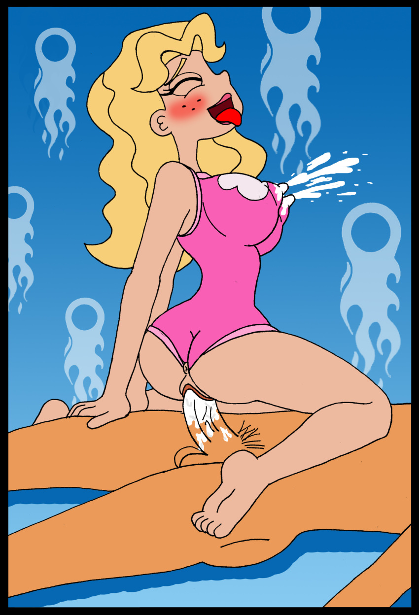 ass blonde_hair blush breasts cowgirl_position cum cum_in_pussy cum_inside ferozyraptor lactation milk_squirt nicolette nipples_visible_through_clothing phineas_and_ferb sex swimsuit tongue_out