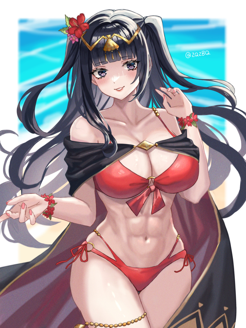 1girl 1girl 1girl abs alluring alternate_costume athletic_female bare_shoulders big_breasts bikini black_hair blunt_bangs cape cleavage cowboy_shot female_abs female_only fire_emblem fire_emblem_awakening fire_emblem_heroes fit_female flower grin hair_flower hair_ornament high_res long_hair looking_at_viewer milf nail_polish navel nintendo official_alternate_costume purple_eyes red_bikini red_flower red_nails red_swimsuit side-tie_bikini_bottom smile standing stomach swimsuit tharja tharja_(fire_emblem) tharja_(summer)_(fire_emblem) thighs toned two_side_up very_long_hair zqzbq