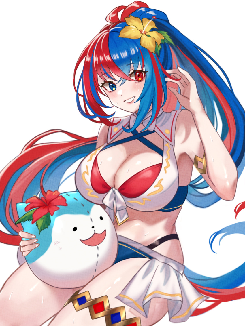 1girl 1girl alear_(female)_(fire_emblem) alear_(female)_(seaside_dragon)_(fire_emblem) alear_(fire_emblem) alluring alternate_costume alternate_hairstyle big_breasts bikini blue_bikini blue_eyes blue_hair blue_swimsuit cleavage crossed_bangs female_only fire_emblem fire_emblem_engage fire_emblem_heroes flower hair_flower hair_ornament heterochromia high_res long_hair multicolored_hair navel nintendo official_alternate_costume official_alternate_hairstyle open_mouth ponytail red_bikini red_eyes red_hair red_swimsuit smile sommie_(fire_emblem) split-color_hair swimsuit two-tone_hair very_long_hair white_bikini zqzbq