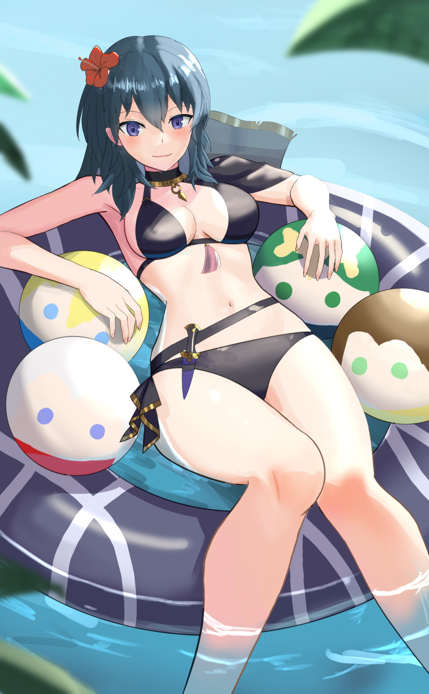 1girl 1girl alluring alternate_costume beachball bikini black_swimsuit blue_eyes byleth_(fire_emblem) byleth_(fire_emblem)_(female) byleth_(summer)_(fire_emblem)_(female) fire_emblem fire_emblem:_three_houses floatie floating knife leaf leaves looking_at_viewer nintendo official_alternate_costume swimsuit tarutaru193 teal_hair water