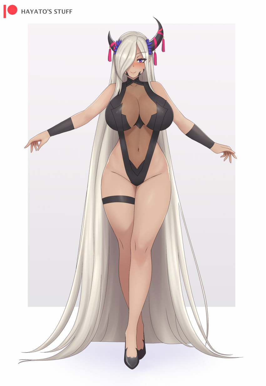 1girl adapted_costume alluring alternate_costume belly big_breasts black_swimsuit fire_emblem fire_emblem_engage full_body hayato_stuff horns legs long_hair long_legs navel nintendo one-piece_swimsuit swimsuit white_hair zephia_(fire_emblem)