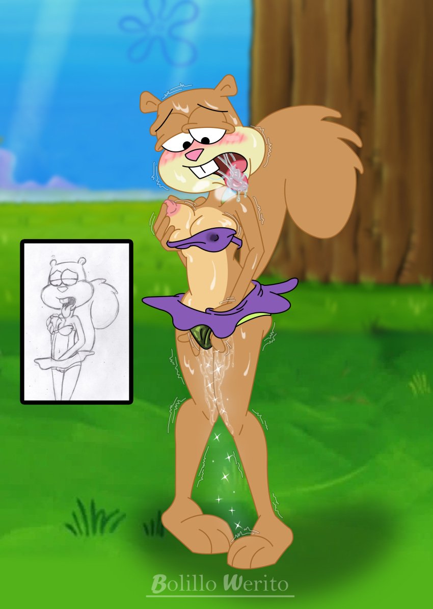 1girl 1girl absurd_res blush bodily_fluids bolillo_werito breasts grass high_res looking_down looking_pleasured mammal masturbation nickelodeon nipples plant rodent saliva sandy_cheeks sciurid spongebob_squarepants tongue tongue_out tree tree_squirrel