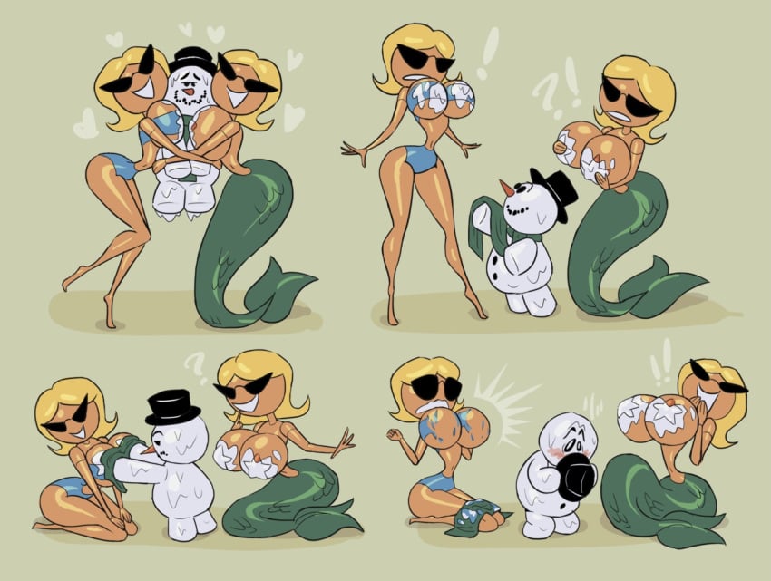 1boy 1girl 2_girls big_breasts bikini blonde_hair borderless borderless_comic comic cute disney embarrassed green_tail grin hugging knick knick_knack large_hips laughing male mermaid mermaid_tail nipples no_nipples noonun pasties pixar scarf short_hair snow snowman sunglasses sunny_atlantis sunny_miami surprised thin_waist top_hat touching_breast wide_hips