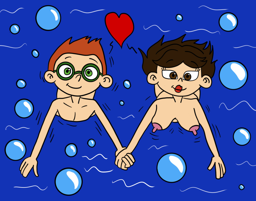 1boy 1girl aged_up black_hair breasts brown_nipples bubbles disney disney_channel eyelashes feet grown_up june_(little_einsteins) leo_(little_einsteins) navel ocean orange_hair penis skinny_dipping tagme underwater