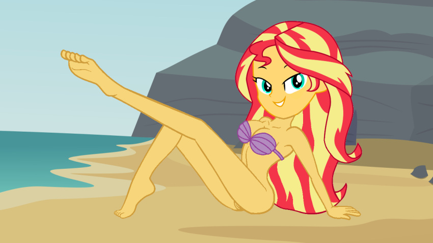 1girl 1girl beach bottomless bra disney equestria_girls feet half_naked hasbro legs midriff my_little_pony nudity seashell seashell_bra sexy sexy_pose sitting skinny solo_female sunset_shimmer the_little_mermaid thin vulva