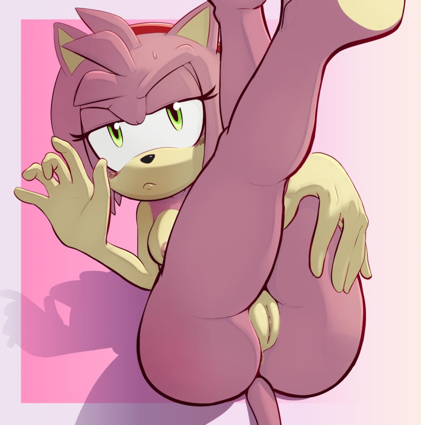 1girl 1girl 5_fingers amy_rose anthro areola breasts eulipotyphlan fingers frown genitals green_eyes hedgehog hedgehog_girl high_res looking_at_viewer mammal nipples nude pink_body pussy sega sega sonic_the_hedgehog_(series) spikeybluething