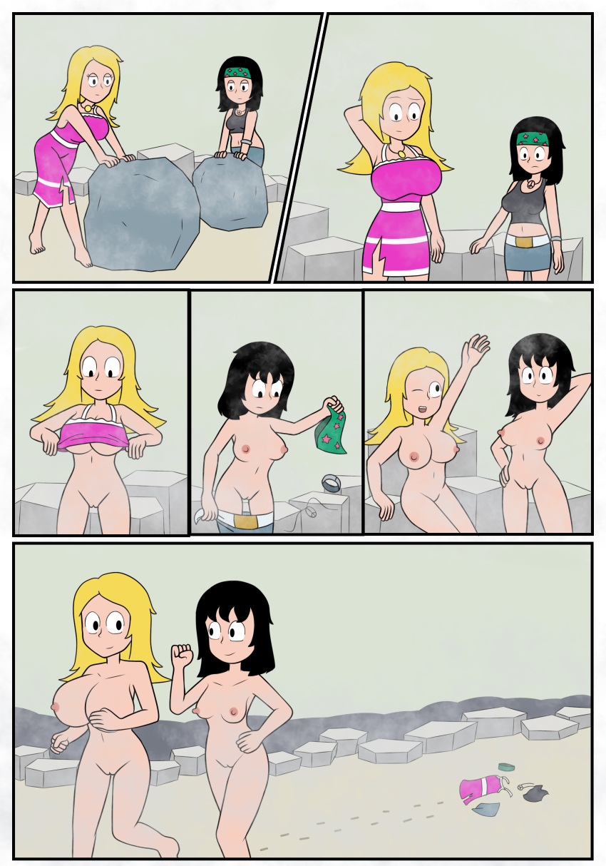 2_girls american_dad beach big_breasts black_hair blonde_hair boulder breasts comic confused crop_top dress dress_lift francine_smith hand_behind_head hayley_smith headband messy_hair mist mr_wings nipples nude_female nudism outdoor_nudity peace_symbol_necklace pussy stretching torn_clothes undressing wink wristband