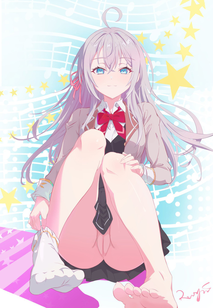 alisa_mikhailovna_kujou blue_eyes bottomless grey_hair long_hair looking_at_viewer nekom14 no_panties pussy school_uniform toes tokidoki_bosotto_roshia-go_de_dereru_tonari_no_alya-san unworn_socks upskirt