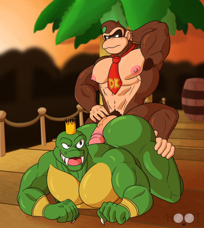 1girl 2boys abs absurd_res anthro ape armpit_hair artist_logo artist_name ass bara beefy belly big_ass blush body_fur body_hair brown_eyes brown_fur claws crocodile crocodilian crocodylid crown dg254 digital_media_(artwork) donkey_kong donkey_kong_(series) duo erection foreskin foreskin_folds gay_sex genitals gorilla green_skin haplorhine high_res hoot_(owl_logo) hot_dogging humanoid_genitalia humanoid_penis intact jungle k_rool kremling male male/male male_nipples male_only male_pubic_hair mammal masculine mature_male muscle muscular_anthro muscular_male neck_tie nintendo nude_male open_mouth pecs penis primate reptile retracted_foreskin scalie sharp_teeth smile super_smash_bros. teeth uncut veiny_penis video_games yaoi