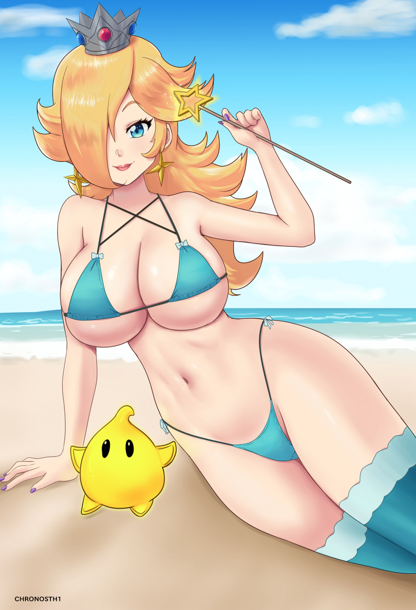 1girl alluring alternate_costume beach big_breasts blonde_hair blue_eyes blue_sky chronosth1 cleavage gummslime luma mario_(series) nintendo ocean outside princess_rosalina royalty super_mario_bros. swimsuit