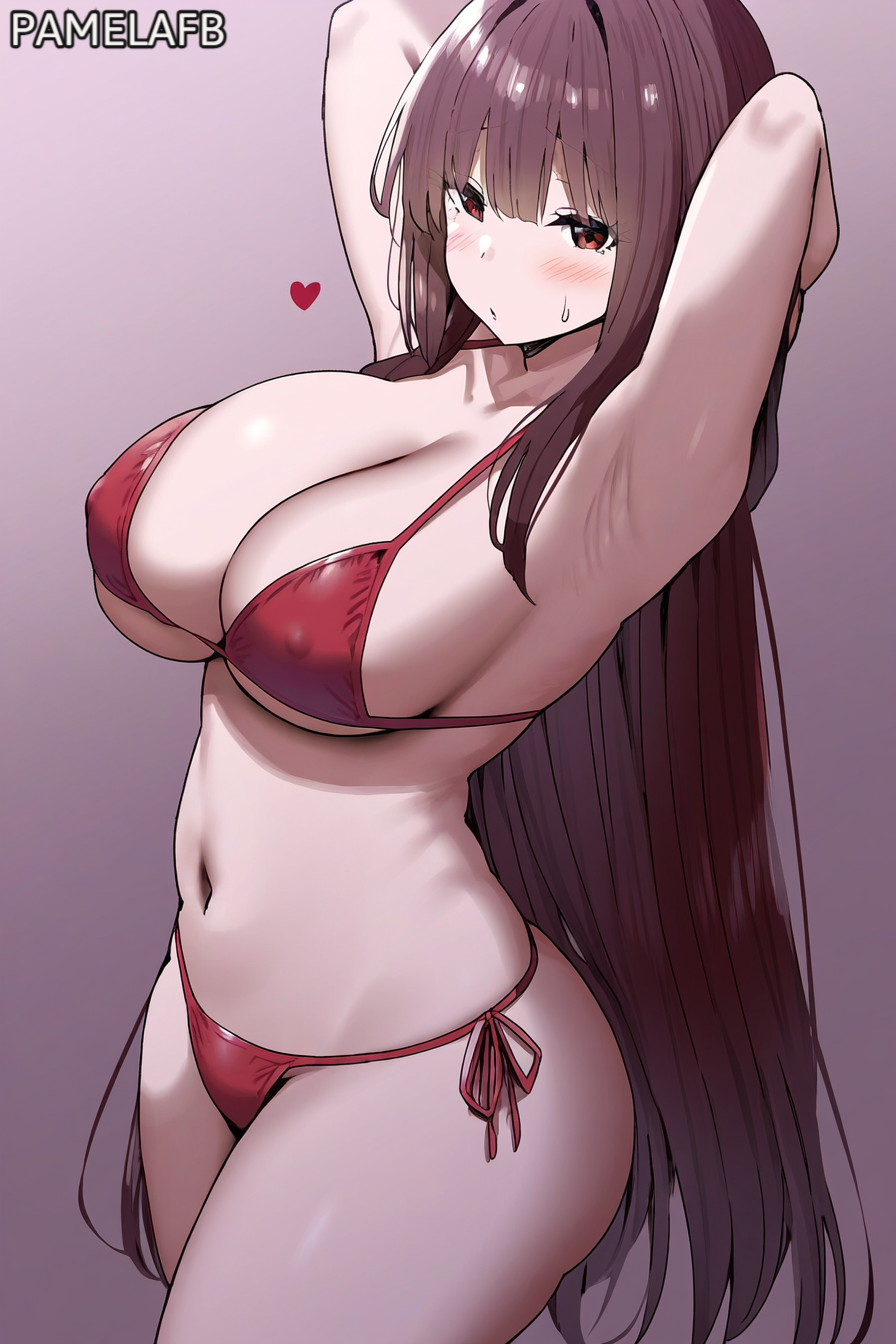 1girl ai_art ai_generated armpits arms_behind_head artstyle_imitation ass bikini blush breasts covered_nipples erect_nipples heart huge_ass huge_breasts long_hair looking_at_viewer nai_diffusion navel novelai pamelafb self_upload sky_(freedom)_(ai_style) sweat sweatdrop thick_thighs wide_hips