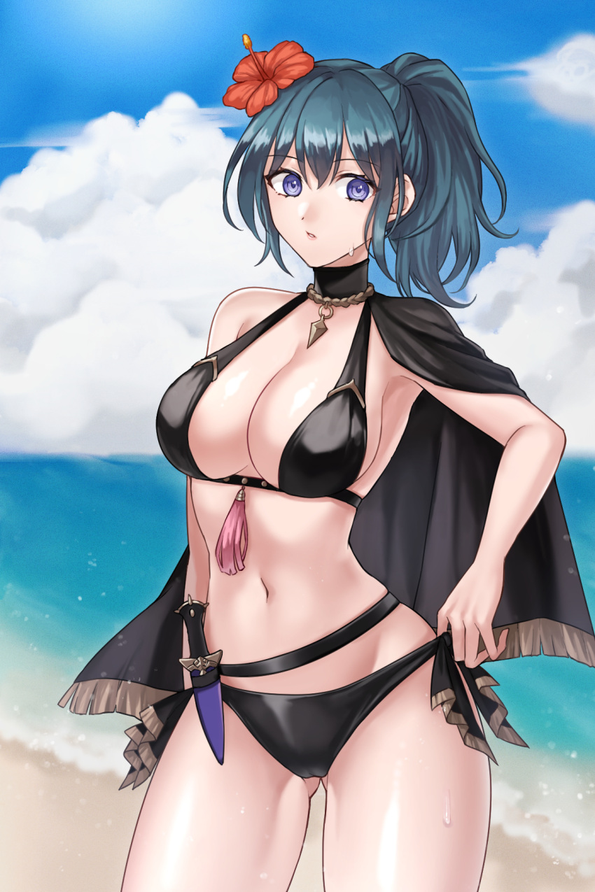 1girl 1girl 1girl alluring big_breasts blue_eyes byleth_(fire_emblem) byleth_(fire_emblem)_(female) byleth_(summer)_(fire_emblem)_(female) female_only fire_emblem fire_emblem:_three_houses fire_emblem_heroes h_nyoro nintendo swimsuit teal_hair