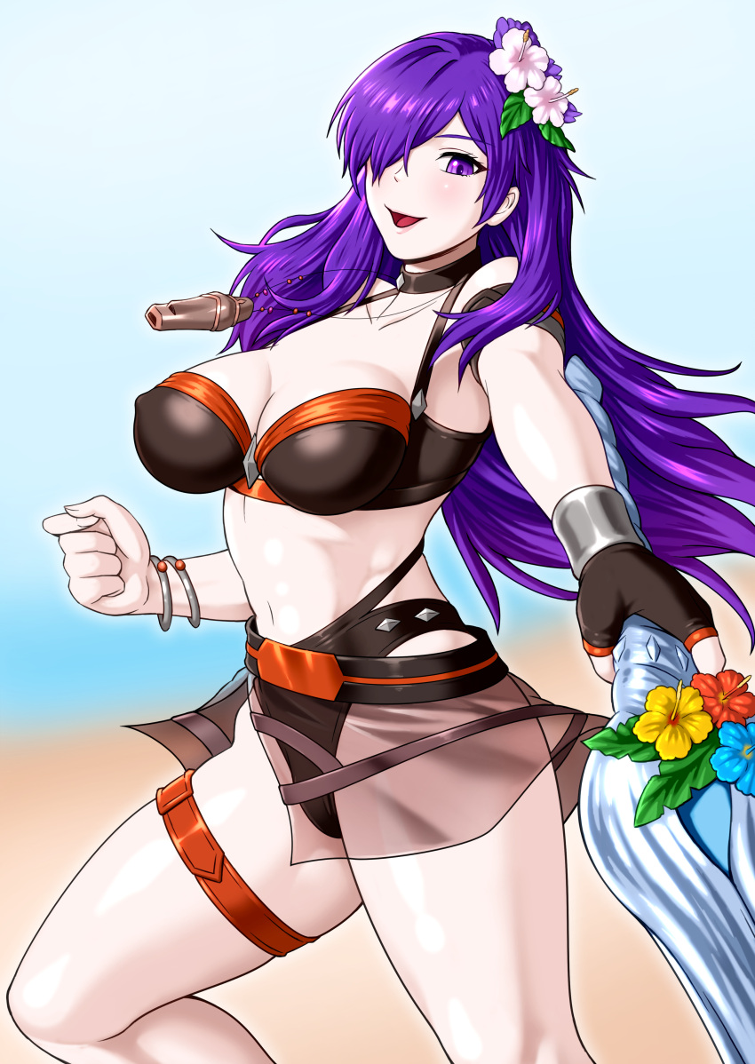 1girl 1girl 1girl alternate_costume bare_thighs beach big_breasts bikini black_bikini black_swimsuit choker cleavage covered_nipples female_only fingerless_gloves fire_emblem fire_emblem:_three_houses fire_emblem_heroes fire_emblem_warriors:_three_hopes flower gloves hair_flower hair_over_one_eye long_hair looking_at_viewer nintendo ocean official_alternate_costume open_mouth outside purple_eyes purple_hair rakusai_(saisai_garou) shez_(fire_emblem) shez_(fire_emblem)_(female) shez_(summer)_(fire_emblem) single_glove skirt smile swimsuit sword thick_thighs thighs weapon whistle