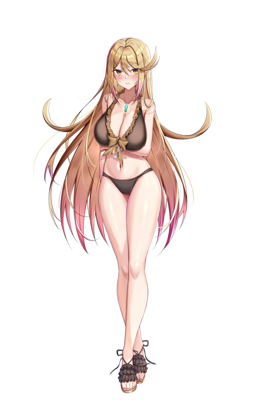 1girl 1girl absurd_res alternate_costume arm_under_breasts backon big_breasts bikini blonde_hair blush bow brown_bikini brown_footwear cleavage closed_mouth collarbone commission cosplay fire_emblem fire_emblem:_three_houses fire_emblem_heroes frilled_bikini frilled_footwear frills full_body high_res long_hair looking_at_viewer mercedes_von_martritz_(cosplay) mythra nail_polish navel nintendo pixiv_commission purple_nails sandals simple_background standing stomach swimsuit tachi-e toenail_polish toenails variant_set white_background xenoblade_(series) xenoblade_chronicles_2 yellow_eyes