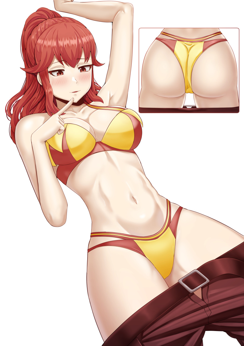 1girl 1girl alluring alternate_costume anna_(fire_emblem) anna_(fire_emblem_awakening) big_breasts bikini cleavage female_only fire_emblem fire_emblem_awakening nintendo official_alternate_costume ponytail red_bikini red_eyes red_hair red_swimsuit saikunartworks swimsuit yellow_bikini yellow_swimsuit