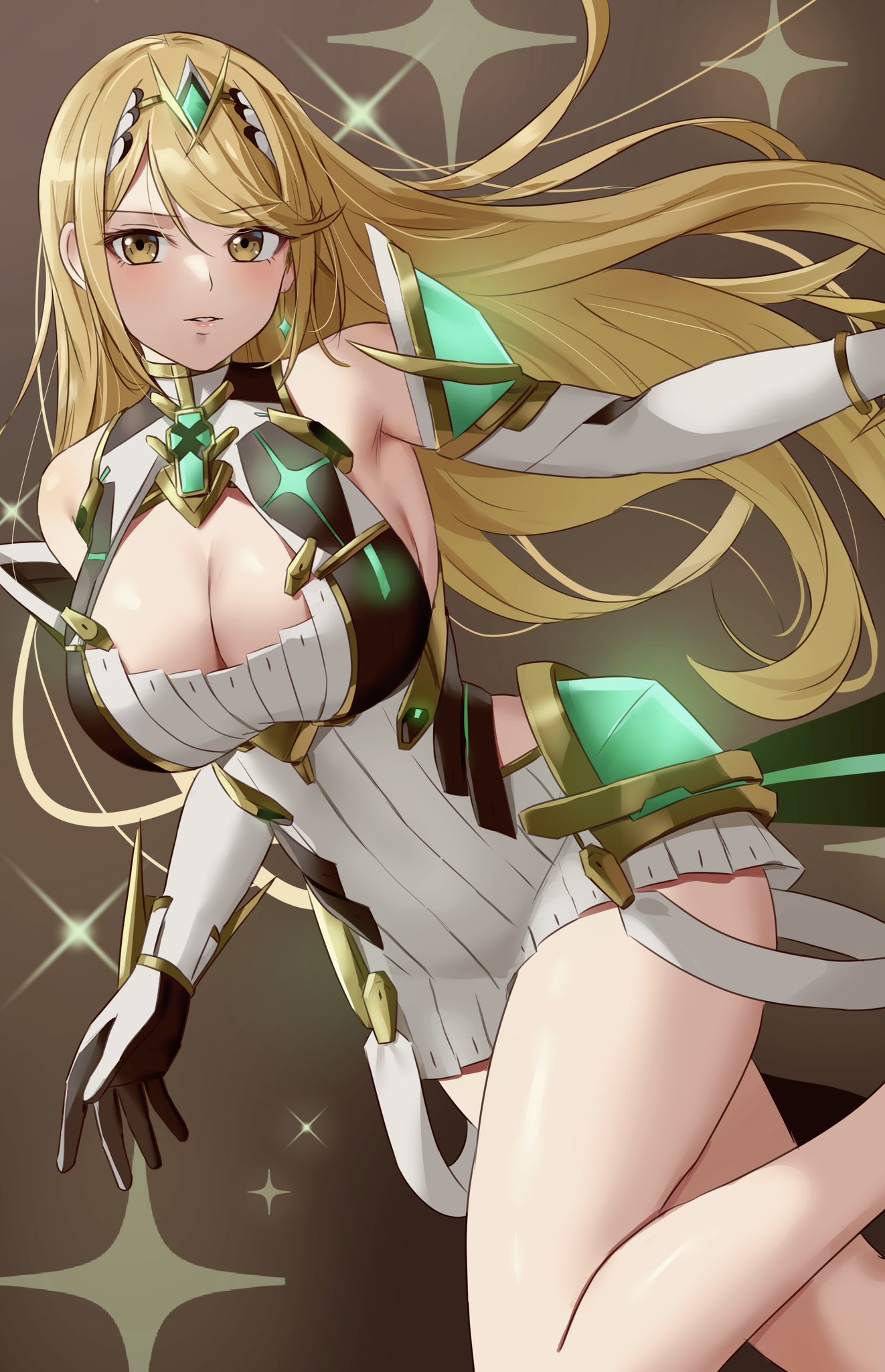 1girl 1girl alluring amayo_thranana big_breasts blonde_hair cleavage_cutout clothing_cutout high_res mythra nintendo xenoblade_(series) xenoblade_chronicles_2