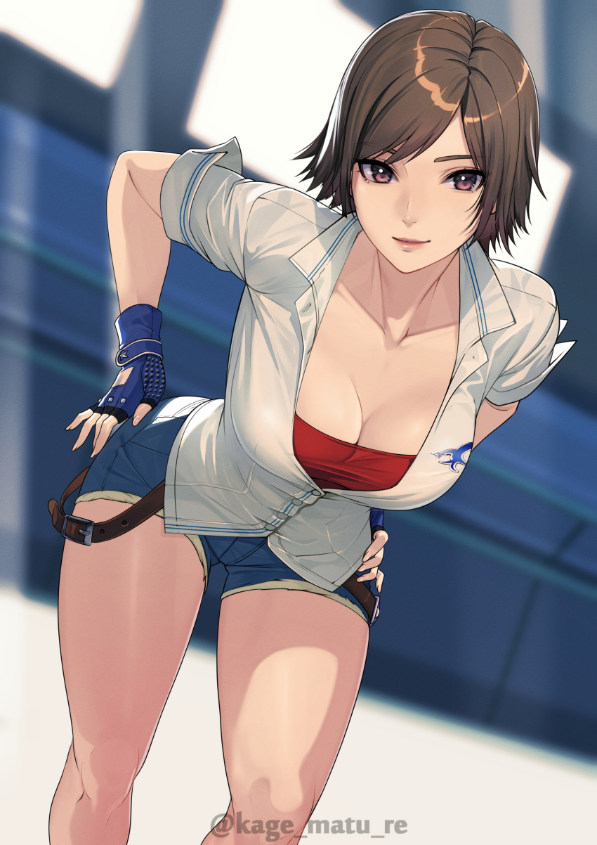 1girl absurd_res alluring big_breasts blue_gloves blue_shorts brown_eyes brown_hair cleavage collarbone collared_shirt fingerless_gloves gloves high_res kage_matu_re kazama_asuka leaning_forward looking_at_viewer namco shirt short_hair short_shorts short_sleeves shorts smile swept_bangs tekken tekken_5_dark_resurrection tekken_7 tekken_8 tekken_tag_tournament_2 thighs white_shirt