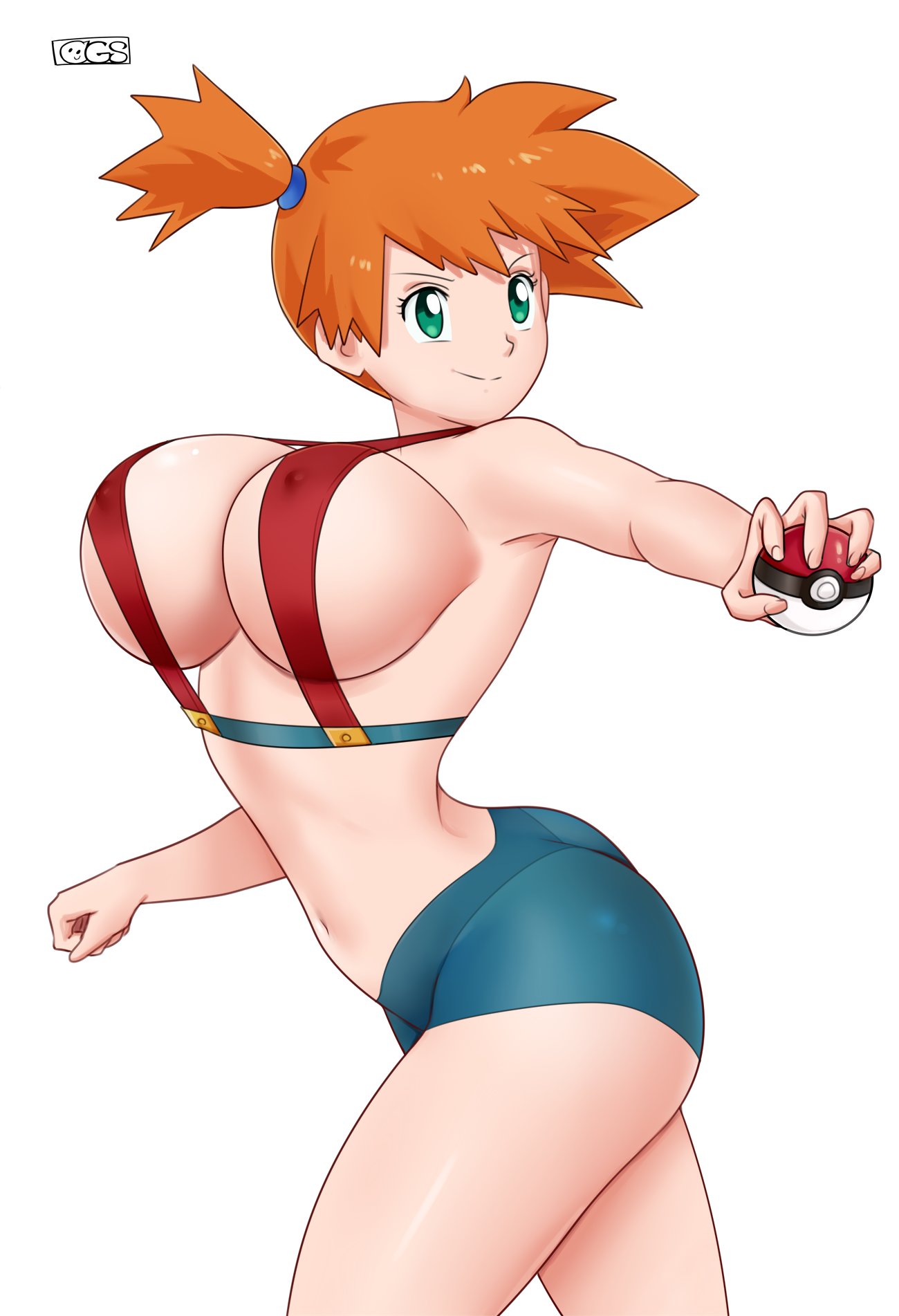 1girl alluring alternate_breast_size asymmetrical_hair back big_breasts blush creatures_(company) eyelashes game_freak gen_1_pokemon green_eyes gummslime hair_between_eyes hair_tie high_res holding holding_poke_ball kero2099 legs misty navel nintendo nipples orange_hair poke_ball poke_ball_(generic) pokemon pokemon_(anime) pokemon_(classic_anime) pokemon_(game) pokemon_rgby ponytail shirt short_hair short_shorts shorts side_ponytail sideboob smile suspenders thighs tied_hair