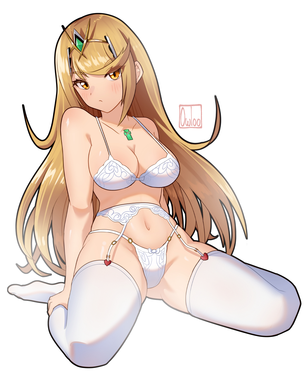 1girl alluring artist_name bare_arms bare_shoulders big_breasts blonde_hair blush chest_jewel collarbone full_body garter_belt garter_straps hair_between_eyes hand_on_own_leg headpiece heart high_res lingerie long_hair looking_at_viewer mythra owloo_art sidelocks simple_background sitting stockings swept_bangs tiara underwear wariza white_background white_garter_belt white_garter_straps white_thighhighs xenoblade_(series) xenoblade_chronicles_2 yellow_eyes