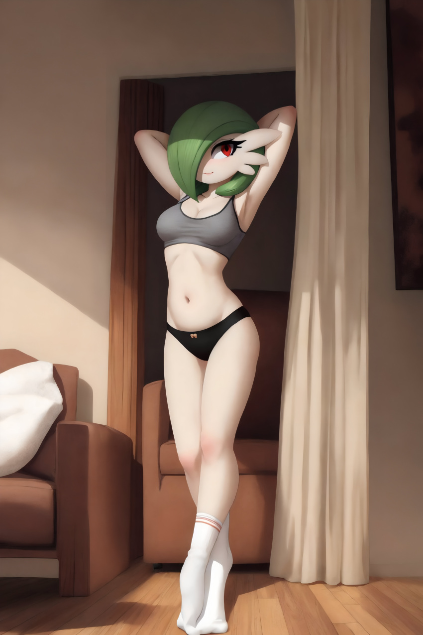 1girl big_ass big_breasts cute excercise_shirt gardevoir green_hair morning panties pillow posing seductive short_hair socks sofa unknown_artist white_skin