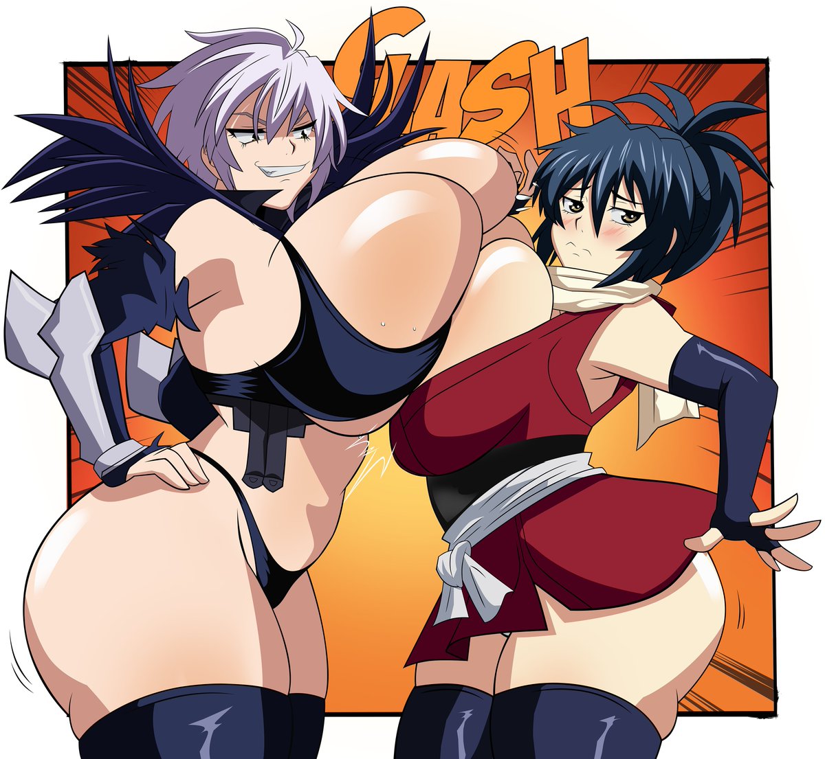 2_girls asymmetrical_docking big_ass big_breasts big_breasts blue_hair breasts breasts_squeeze female_focus female_only gigantic_breasts grimphantom hand_on_hip huge_ass huge_breasts looking_down_at_another manyuu_chifusa manyuu_hikenchou manyuu_kagefusa medium_hair ninja ponytail skirt smug thong white_hair