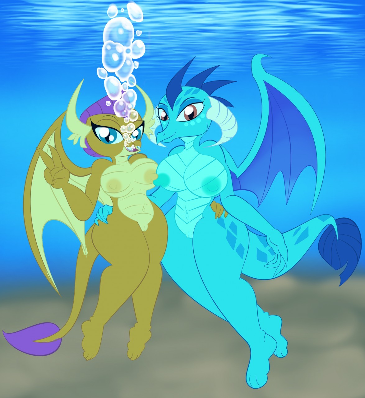 2girls air_bubble anthro big_breasts breasts bubble dragon dragoness duo female friendship_is_magic furaffinity hasbro my_little_pony nipples nudity princess_ember princess_ember_(mlp) smolder smolder_(mlp) the1stmoyatia underwater