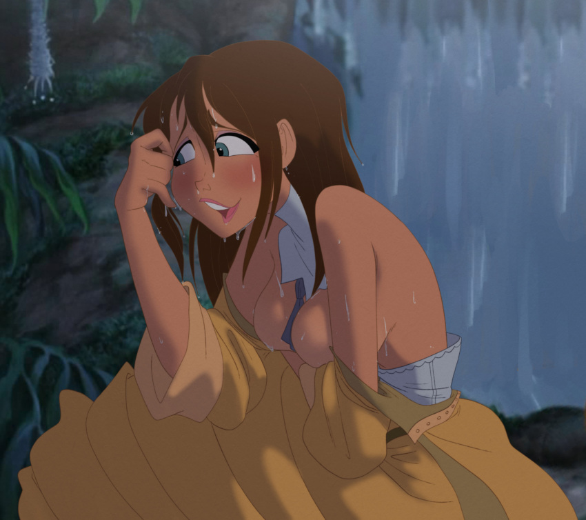 bare_breasts bare_shoulders big_breasts big_breasts blue_eyes blush blush breasts breasts_out brown_hair cartoon clothes_pull coolerinker covering_breasts disney dress embarrassed heavy_blush inker_comics inkershike jane_porter lips sweat sweating sweaty tagme tarzan_(1999_film) topless wet wet_body wet_clothes wet_skin yellow_dress