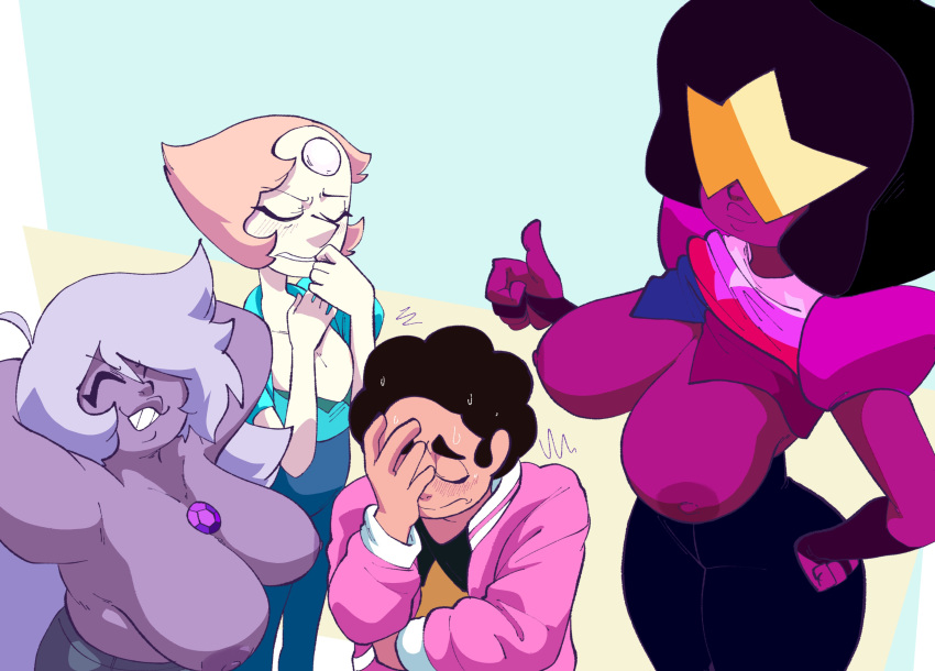 1boy 3_girls afro amethyst_(gem) amethyst_(steven_universe) arms_behind_back ashamed bare_breasts big_areola big_breasts big_nipples black_shirt blush blush blush_lines breasts breasts_out cartoon_network chubby chubby_female closed_eyes clothed clothed_female clothing crystal_gem dark-skinned_female dark_hair dark_nipples dark_skin embarrassed face_palm facepalm flat_chested frown fully_clothed garnet_(steven_universe) gem gem_(species) gem_fusion glasses gloves grin hand_on_head hand_on_hip huge_breasts inker_comics inkershike jeans lanky lavender_hair light_skin lips long_hair magenta_skin milf nipples no_bra no_shirt orange_hair pants partially_clothed pauldrons pearl_(gem) pearl_(steven_universe) pink_jacket purple_body purple_hair purple_skin shades shirt_up shortstack shoulder_pads showing_breasts showing_off simple_background simple_shading skinny skinny_female skinny_girl small_breasts small_breasts smile star_shades steven_quartz_universe steven_universe steven_universe_future strawberry_blonde_hair sweat teeth teeth_showing thick_thighs thumbs_up tight_clothing tights topless white_body white_skin