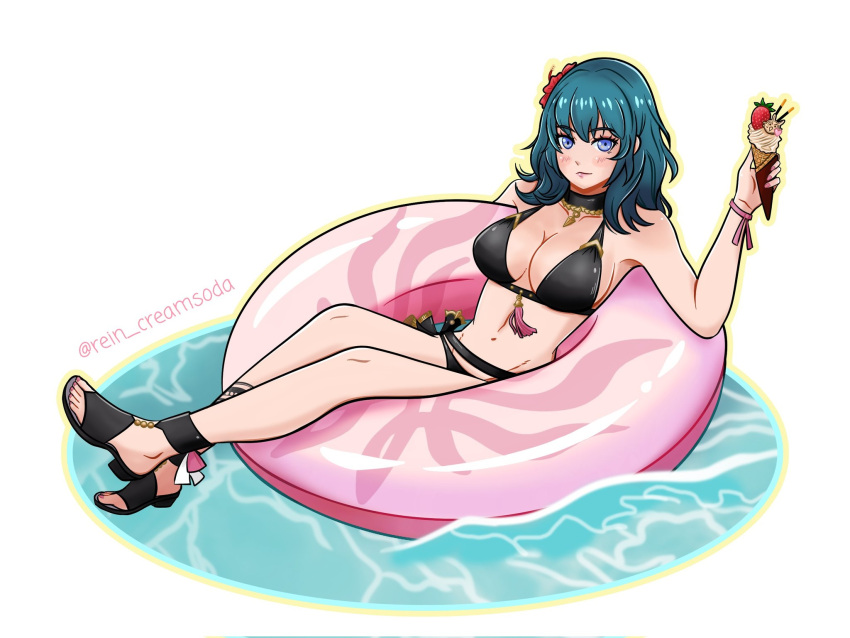 1girl 1girl 1girl alluring alternate_costume bikini black_bikini black_footwear black_swimsuit blue_eyes breasts byleth_(fire_emblem) byleth_(fire_emblem)_(female) byleth_(summer)_(fire_emblem)_(female) cleavage female_only fire_emblem fire_emblem:_three_houses fire_emblem_heroes looking_at_viewer nintendo official_alternate_costume rein_creamsoda sandals swimsuit teal_hair