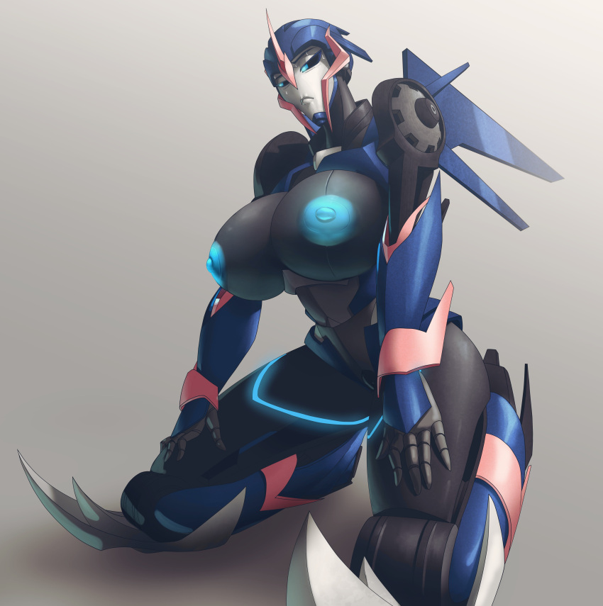 1girl 1girl 1girls arcee arcee_(prime) areola autobot big_breasts big_breasts blue_eyes blue_nipples breasts coolerinker curvaceous curvy exposed_breasts female_autobots female_only giant_breasts hands_on_thighs huge_breasts inker_comics inkershike looking_away nipples on_knees robot robot_girl transformers transformers_prime